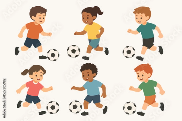 Fototapeta Vector Set Kids playing soccer football activity 