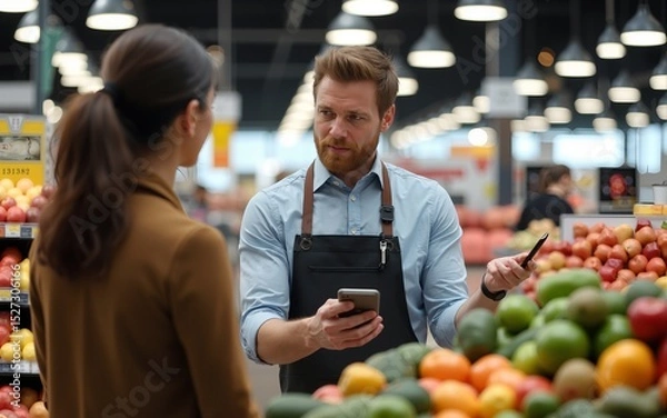 Obraz Customer complaining to cashier at supermarket checkout. High quality