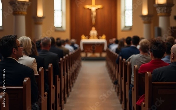 Obraz Group of people sitting in church pews listening to sermon. High quality