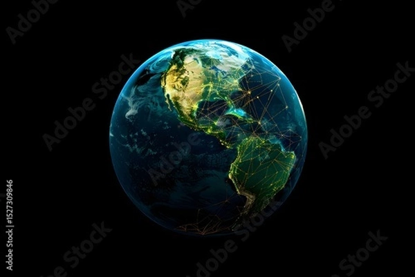 Obraz realistic Earth globe with glowing digital data streams and network connections across continents, high-tech global communication, dark background

