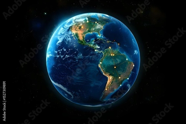 Obraz realistic Earth globe with glowing digital data streams and network connections across continents, high-tech global communication, dark background
