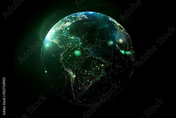 Obraz realistic Earth globe with glowing digital data streams and network connections across continents, high-tech global communication, dark background
