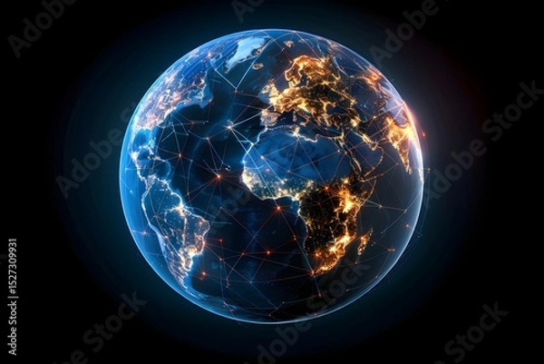 Obraz realistic Earth globe with glowing digital data streams and network connections across continents, high-tech global communication, dark background
