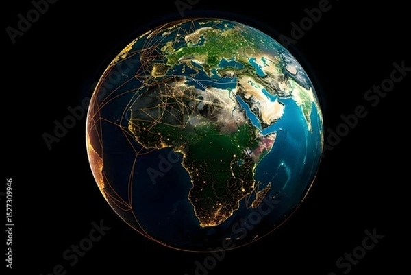 Obraz realistic Earth globe with glowing digital data streams and network connections across continents, high-tech global communication, dark background
