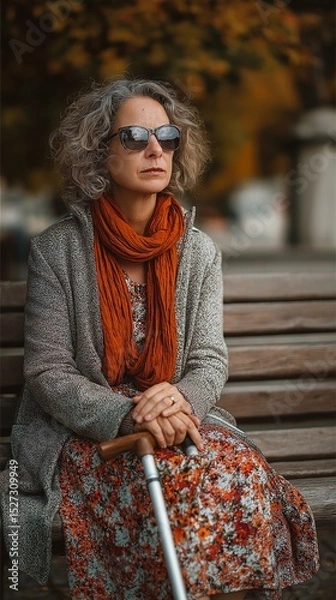 Fototapeta In a metropolitan park, a woman with visual impairments sits with a white cane.