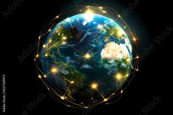 Obraz realistic Earth globe with glowing digital data streams and network connections across continents, high-tech global communication, dark background
