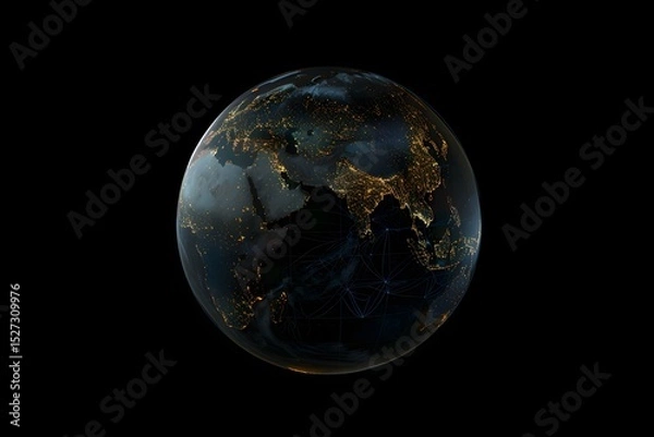 Obraz realistic Earth globe with glowing digital data streams and network connections across continents, high-tech global communication, dark background
