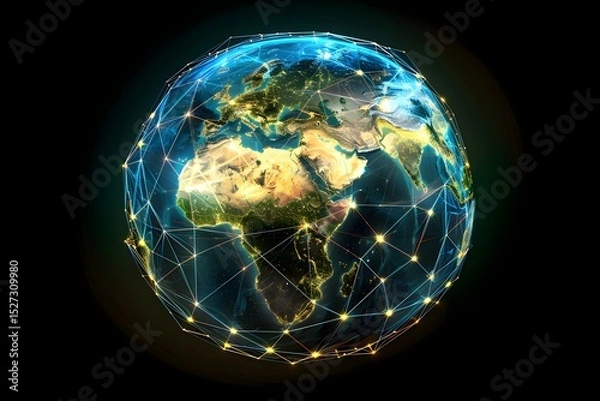 Obraz realistic Earth globe with glowing digital data streams and network connections across continents, high-tech global communication, dark background
