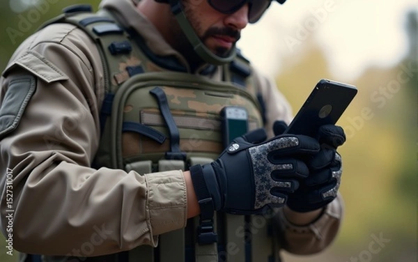 Obraz Soldier using mobile phone wearing tactical gloves and gear. High quality