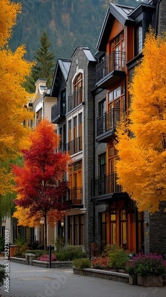 Fototapeta vibrant autumn foliage and recently constructed opulent homes in a neighbourhood
