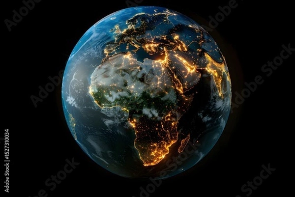 Obraz realistic Earth globe with glowing digital data streams and network connections across continents, high-tech global communication, dark background
