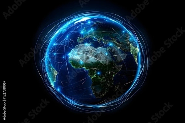 Obraz realistic Earth globe with glowing digital data streams and network connections across continents, high-tech global communication, dark background

