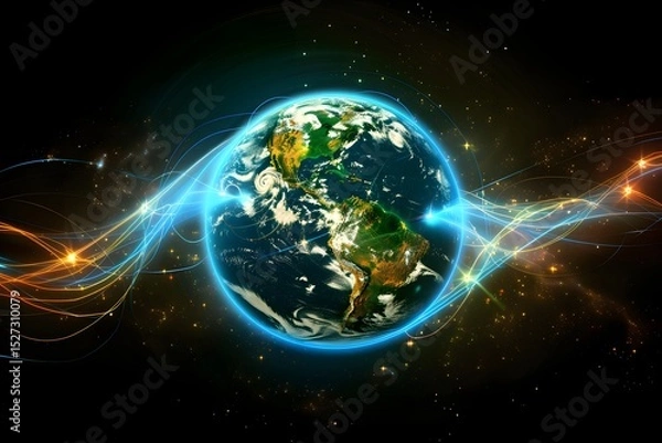 Obraz realistic Earth globe with glowing digital data streams and network connections across continents, high-tech global communication, dark background
