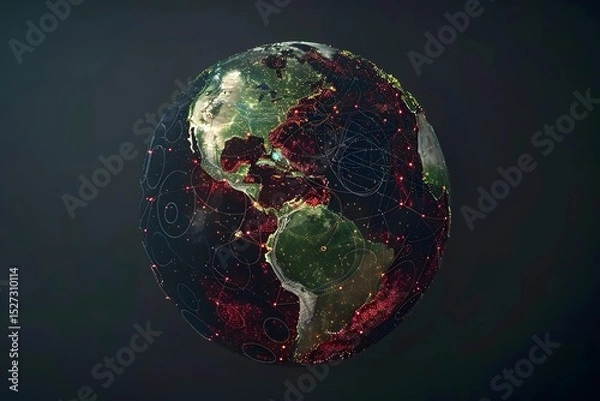 Obraz realistic Earth globe with glowing digital data streams and network connections across continents, high-tech global communication, dark background
