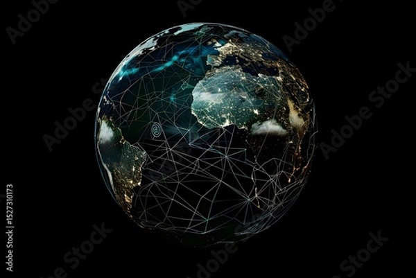 Obraz realistic Earth globe with glowing digital data streams and network connections across continents, high-tech global communication, dark background
