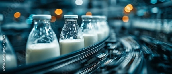 Fototapeta Automatic milk bottle made of plastic, production line demonstrating assembly
