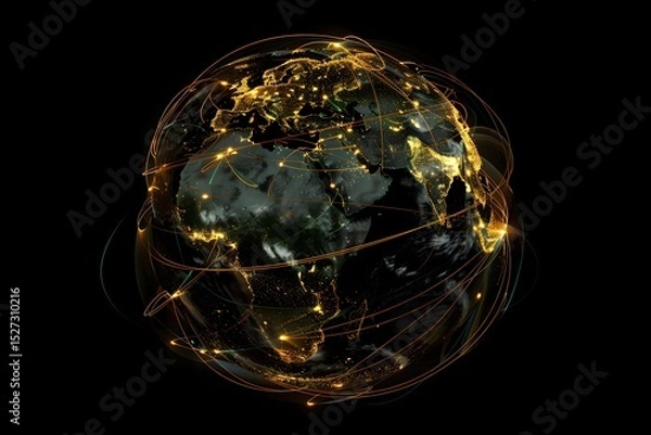 Obraz realistic Earth globe with glowing digital data streams and network connections across continents, high-tech global communication, dark background
