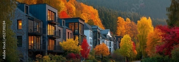 Fototapeta vibrant autumn foliage and recently constructed opulent homes in a neighbourhood