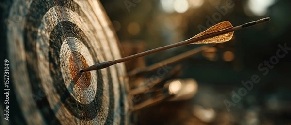 Fototapeta The archery target's centre is struck by the arrow.  Adroit aim and precision are demonstrated by the arrow's flawless hit on the target.