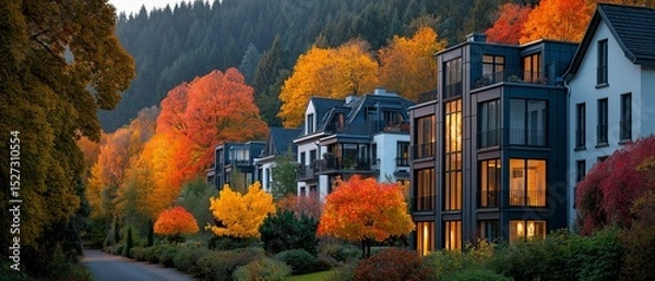 Fototapeta vibrant autumn foliage and recently constructed opulent homes in a neighbourhood