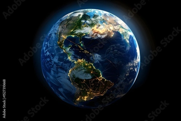 Obraz realistic Earth globe with glowing digital data streams and network connections across continents, high-tech global communication, dark background
