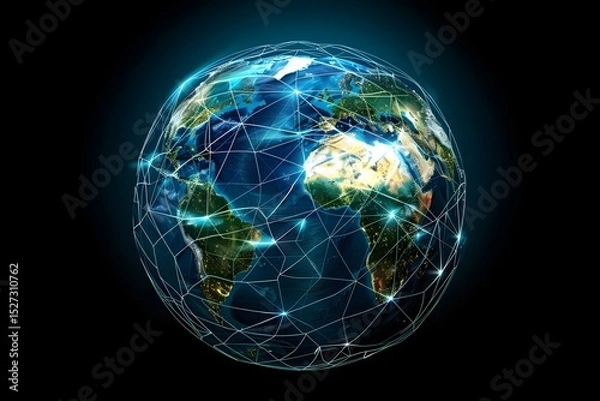 Obraz realistic Earth globe with glowing digital data streams and network connections across continents, high-tech global communication, dark background
