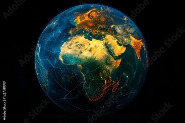 Obraz realistic Earth globe with glowing digital data streams and network connections across continents, high-tech global communication, dark background
