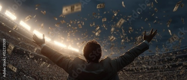 Fototapeta In the stadium, a businessman is celebrating as cash drops from the sky.