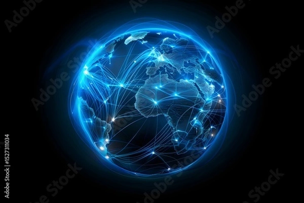 Obraz realistic Earth globe with glowing digital data streams and network connections across continents, high-tech global communication, dark background
