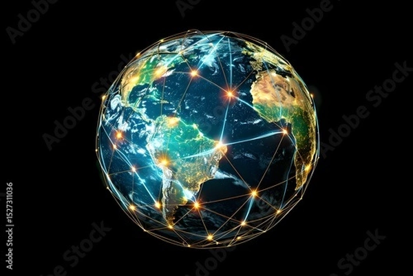 Obraz realistic Earth globe with glowing digital data streams and network connections across continents, high-tech global communication, dark background
