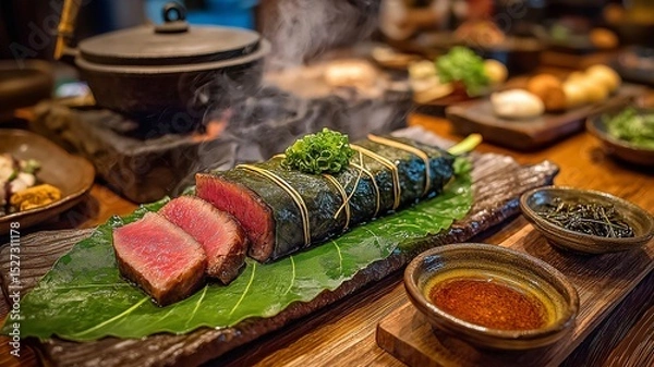 Fototapeta Using a Leaf to Cook Hida Wagyu Beef in Takayama, Japan