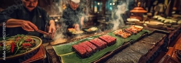 Fototapeta Using a Leaf to Cook Hida Wagyu Beef in Takayama, Japan