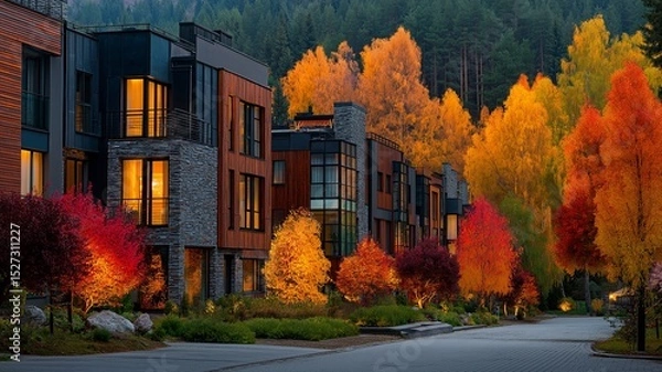 Fototapeta vibrant autumn foliage and recently constructed opulent homes in a neighbourhood