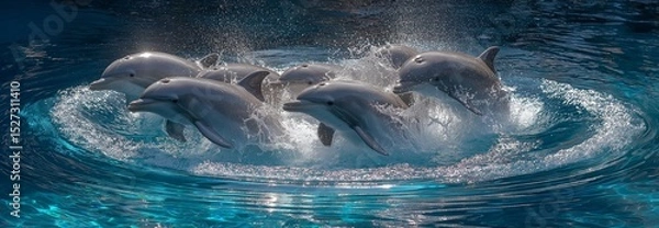 Fototapeta As they leap into the ring, dolphins
