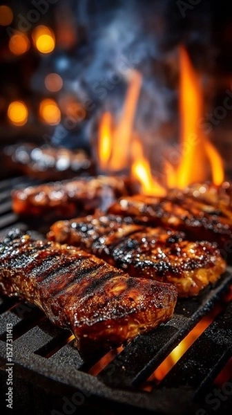 Fototapeta Juicy slices are cooked to perfection, and smoke and flames rise.