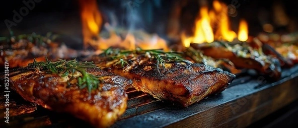 Fototapeta Juicy slices are cooked to perfection, and smoke and flames rise.