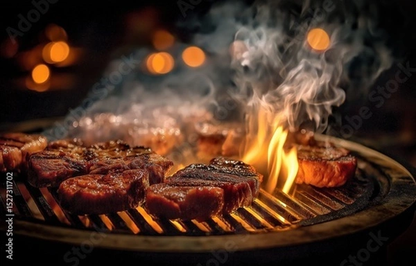 Fototapeta Juicy slices are cooked to perfection, and smoke and flames rise.