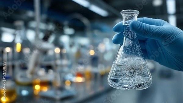 Fototapeta In a chemical lab, a scientist's hand holds a flask full of lab glassware, while scientific lab apparatus is seen in the background.