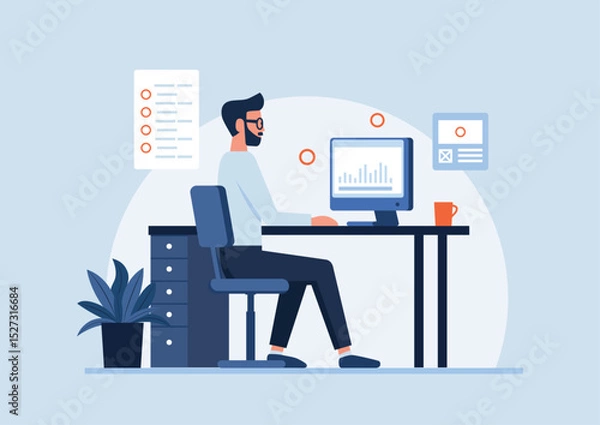 Fototapeta Office worker analyzing data on computer at desk.