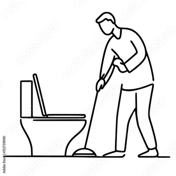 Obraz Man cleaning toilet with plunger in simple line outline style, Concept of single line outline vector  