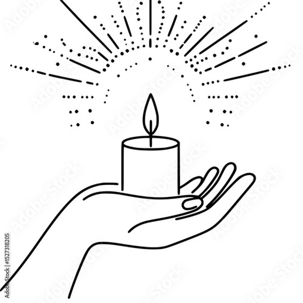 Obraz Hand holding candle with glowing light in single line outline vector  