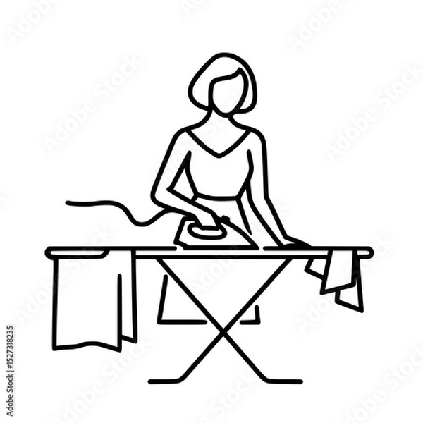 Obraz Woman ironing clothes while standing at an ironing board, single line outline vector  