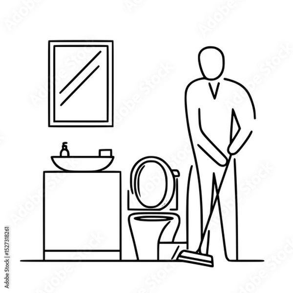 Obraz Man cleaning toilet with mop in bathroom - Concept of single line outline vector  