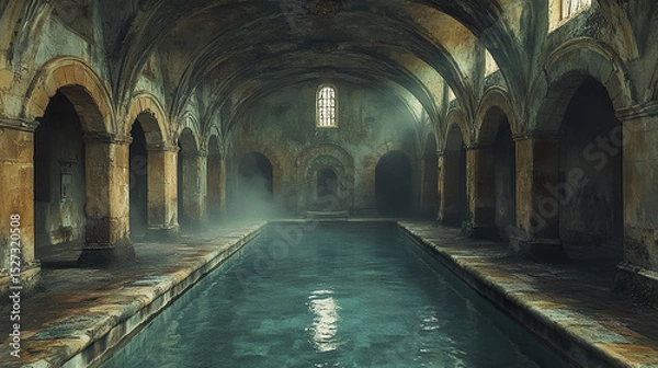 Fototapeta Abandoned medieval cloister with misty indoor pool, evoking sense of mystery and tranquility