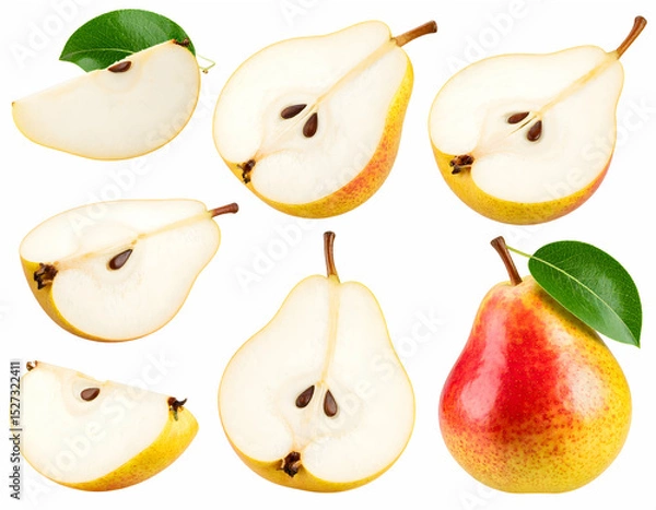 Fototapeta Juicy Pears A Collection of Sliced and Whole Pears Isolated on White Background