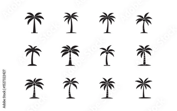 Fototapeta Set of black palm or coconut tree silhouettes showing different artistic styles and variations. Perfect for summer, beach, vacation, tropical themes, and nature-related concepts.
