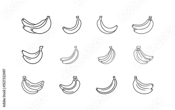 Fototapeta Illustrations of bananas in black and white artistic styles, showcasing various angles and orientations. Great for creative projects, educational materials, or coloring activities.

