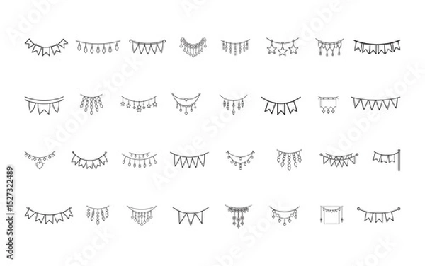 Fototapeta A set of black-and-white minimalist vector icon garland illustrations featuring various shapes and festive patterns. Perfect for holiday designs, invitations, and creative graphic decoration.
