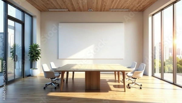 Obraz Bright modern boardroom, huge blank wall, sunlit windows , presentation, window, sunlit