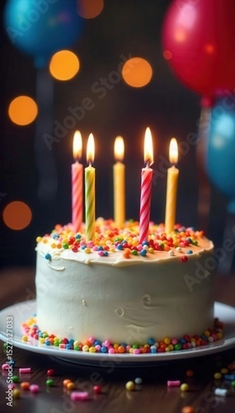 Obraz Delicious birthday cake with lit candles and rainbow sprinkles, soft-focus balloon bokeh, graphic, dessert, sprinkles